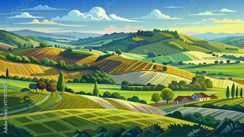 Very beautiful panoramic view of rolling hills and open countryside, highlighting the freedom, expansiveness, and natural beauty of rural landscapes under a clear sky.