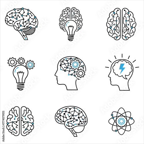 Abstract vector illustrations of a human brain with glowing circuits, lightbulbs, and gears representing ideas and intelligence