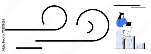 A woman sits on graph bars with a laptop, accompanied by dynamic wind lines, symbolizing growth, progress, analytics, and adaptation. Ideal for business, technology, innovation productivity