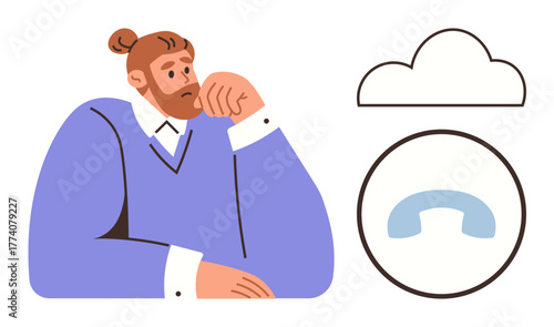 Bearded man with thoughtful expression resting his chin on hand, cloud and phone receiver icons nearby. Ideal for communication, decision-making, brainstorming, remote work, problem-solving, support