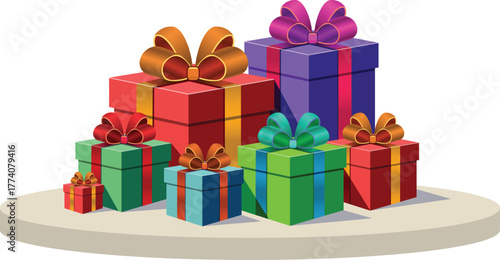 A collection of colorful gift boxes with ribbons stacked on a white platform against a black background