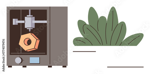 3D printer crafting a polygonal shape inside a chamber, paired with greenery. Ideal for innovation, creativity, design, prototyping, engineering, technology eco-friendly concepts. Simple flat