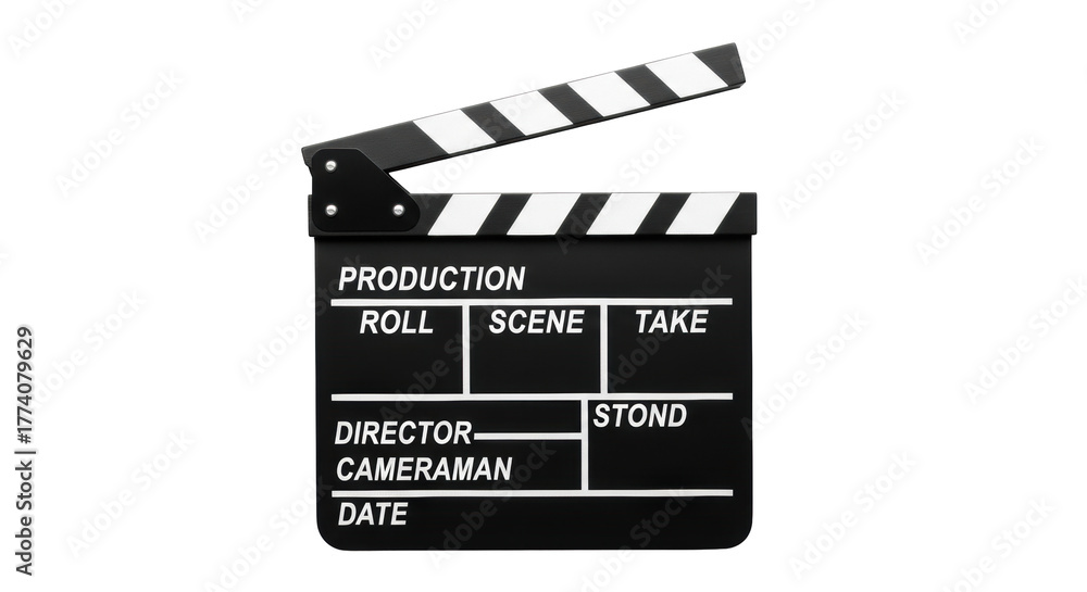 Fototapeta premium Classic open black and white film clapperboard, all fields visible, overhead flat lay on transparent background with copy space, concept of content creation and new beginnings