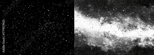 a white background on the left side and a black starry sky texture on the right side