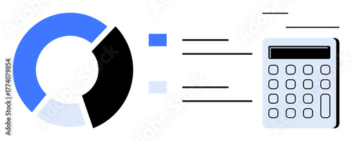 Pie chart with divided segments and a detailed calculator conveying financial assessment, analytics, budgeting, quantitative reasoning, numerical data, reporting, and strategy. Ideal for reports