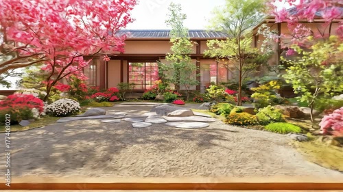 Tranquil Japanese garden with blooming pink trees, water, and rocks