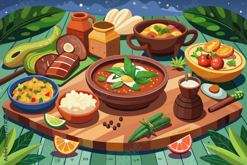 Dominican delicacies include tender meat stew, sliced ​​avocado, fluffy rice, fresh herbs, vegetables and authentic traditional dishes served on a rustic wooden table.