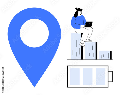 Location marker, person on bar graph with laptop, battery icon symbolizing progress, productivity, mobility. Ideal for business strategy, remote work, technology, analytics energy goal tracking