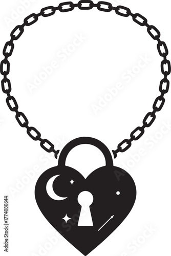 lock and chain with romantic heart locket silhouette, chains in a vintage style black and white illustration,  Love Locked In, Minimalist chain with locket and charm bracelet. 