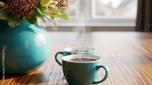Two steaming cups of coffee rest on a wooden table next to a teal vase of flowers