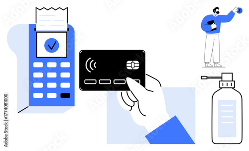 Hand holding card near reader for payment, sanitizer bottle, person with a globe. Ideal for finance, hygiene, e-commerce, global trade, security innovation technology. Simple flat metaphor