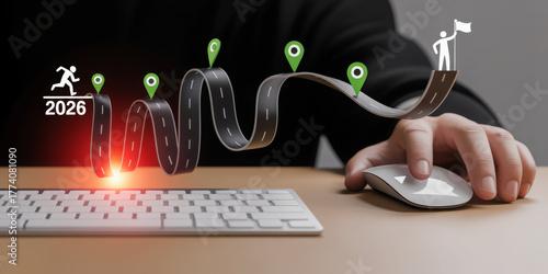 Roadmap to success a winding path with milestones and a person reaching the goal conceptual illustration for business strategy and planning