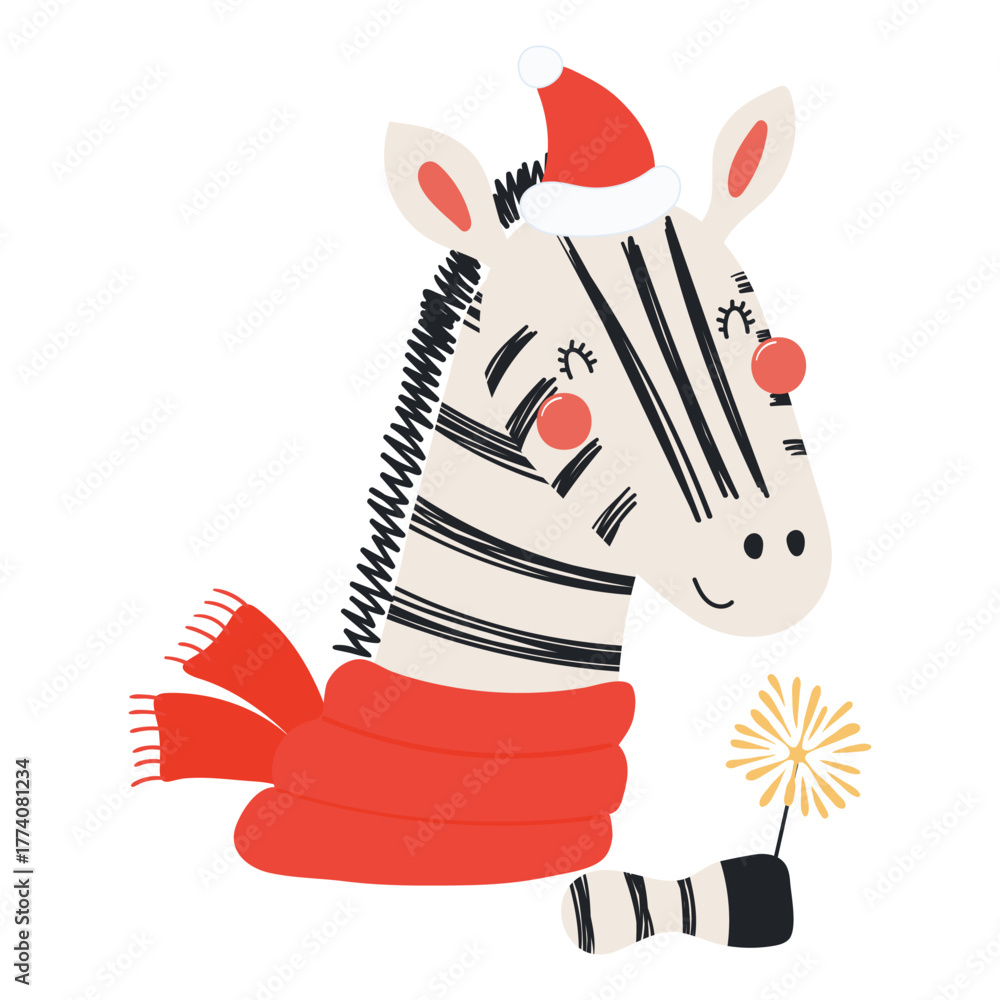 Obraz premium Zebra in a Santa hat, with sparkler isolated on transparent. Hand drawn flat vector illustration. Cute cartoon character. Traditional Christmas, New Year design element, clip art