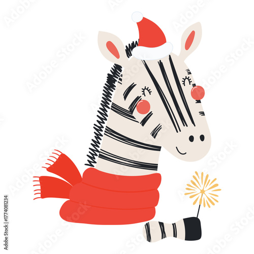 Zebra in a Santa hat, with sparkler isolated on transparent. Hand drawn flat vector illustration. Cute cartoon character. Traditional Christmas, New Year design element, clip art