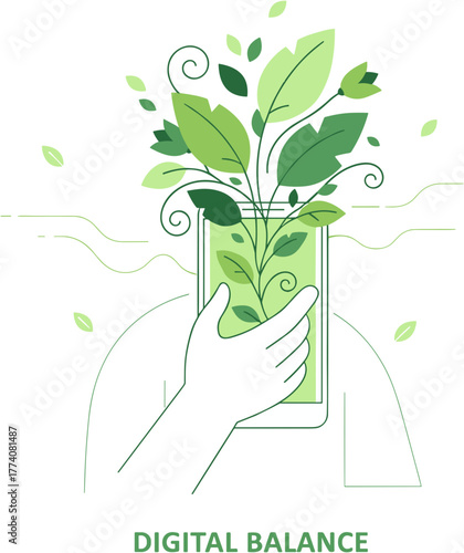 Hand holding smartphone with blooming plants and circuits symbolizes eco detox and digital balance concept