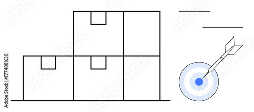 Stacked boxes next to a bullseye with an arrow, symbolizing accuracy, organization, and efficiency. Ideal for shipping, delivery, fulfillment, distribution, strategy productivity and success in