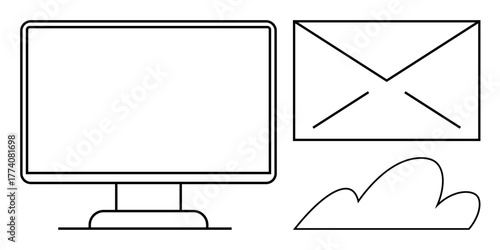 Monitor with blank screen, envelope, and cloud symbols representing communication, email, cloud storage, networking, digital services, remote work and online connectivity. Simple flat metaphor