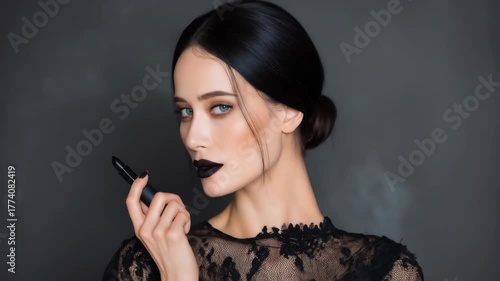 Woman with dark lipstick and lace top on dark background