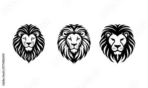 Three vector silhouettes of a lion head with a mane.