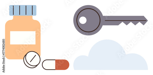 Bottle with pills, key, and cloud indicating medication access, data security in health. Ideal for healthcare, technology, pharmacy, security, digital access data management policy communication