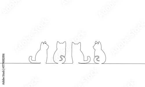 Minimalist feline friends: A simple line drawing of four cats sitting together, perfect for pet lovers and modern designs, a touch of whimsy and charm