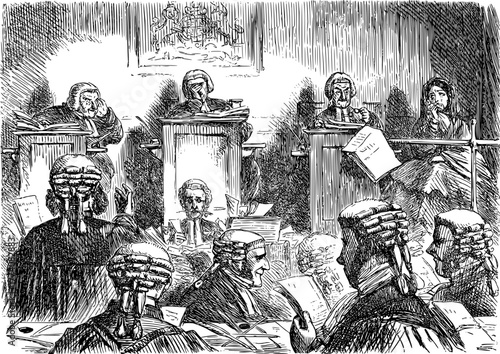 Intricate vintage courtroom sketch of judges and lawyers in session, capturing legal drama and historical judicial practice with detailed line work