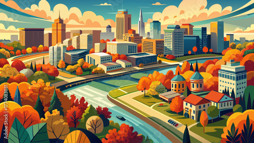 Very beautiful aerial view of Fort Wayne, Indiana, USA during fall, showcasing vibrant autumn foliage, the river winding through the city, and bridges connecting urban neighborhoods.