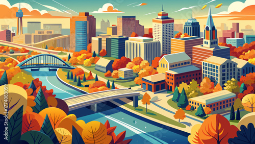 Very beautiful aerial view of Fort Wayne, Indiana, USA during fall, showcasing vibrant autumn foliage, the river winding through the city, and bridges connecting urban neighborhoods.