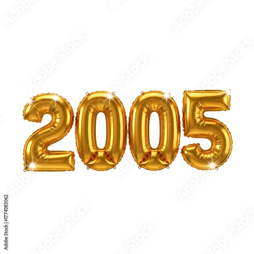 Golden 2005 year balloons with sparkling highlights on black background graphic design isolated on a transparent background