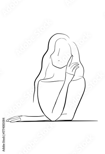 Elegant minimalistic outline of a woman with flowing hair, perfect for beauty brand visuals and modern design applications, originally created as a scalable vector