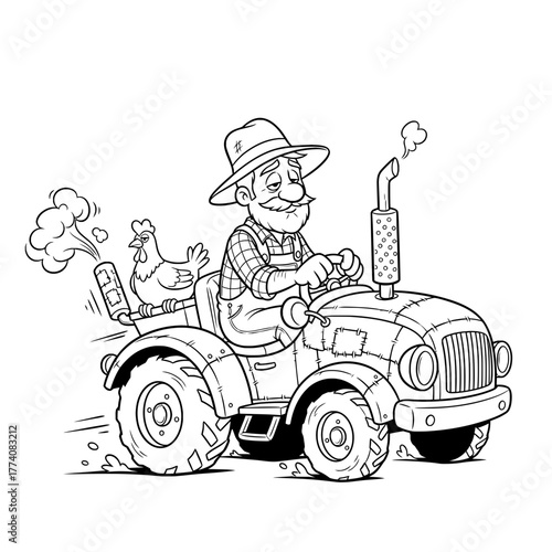 Cartoon farmer driving a vintage tractor with a chicken riding along, rural charm and agricultural vibes, whimsical farm life scene, perfect for children's books