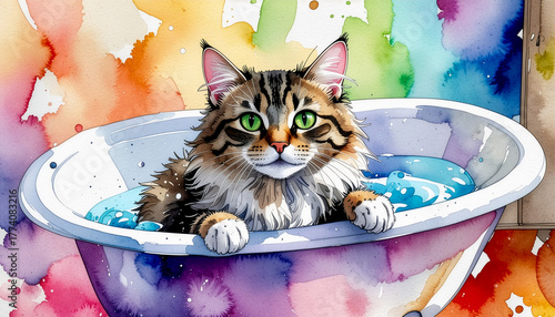 Fluffy cat in bathtub