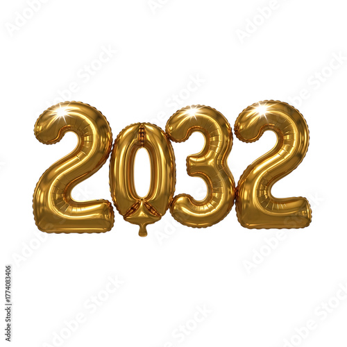 Golden 2032 number balloons with sparkling highlights on black background year new year isolated on a transparent background