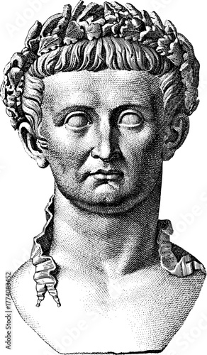 Intricate engraving of a Roman emperor with laurel wreath, conveying classical power and historical gravitas, ideal for history books and academic design