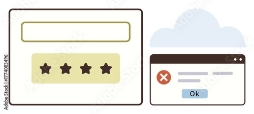 Star rating system in a feedback window beside an error message popup with cloud graphic. Ideal for feedback, user experience, web design, error handling, apps, interfaces, simple flat metaphor