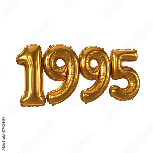 Golden foil balloons forming the year 1995 with reflective highlights on black past history isolated on a transparent background