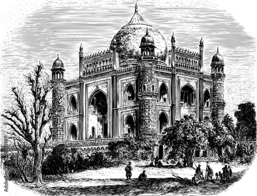 Historical Indian architecture showcases the Bibi Ka Maqbara in a vintage engraving style, capturing cultural heritage with exquisite detail and timeless appeal