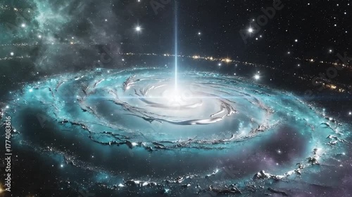 Vast cosmic galaxy with swirling nebulae and brilliant light emanating from its core.