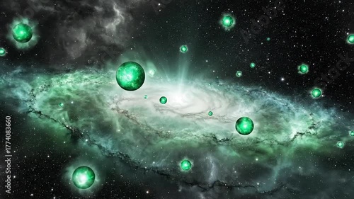 Mysterious glowing orbs float through a vibrant green nebula and galaxy.