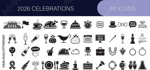 New year 2026 celebration icons: festive party, holiday, and event glyphs