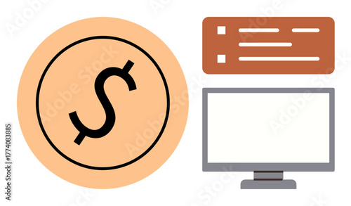 Large dollar sign icon, monitor screen, and document list highlight finance, digital solutions, online banking, budgeting, transaction tracking, money management and financial planning. Simple flat