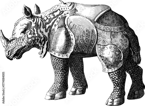 Intricate Rhino Illustration Wearing Detailed Armor, A Fantasy Creature Concept, Perfect for Gaming, Medieval Art, and Historical Fiction Designs