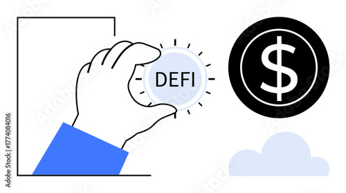 Hand grasping DeFi coin with glowing accents, dollar symbol and cloud in geometric style. Ideal for blockchain, cryptocurrency, fintech, peer-to-peer finance, investment, innovation, and digital