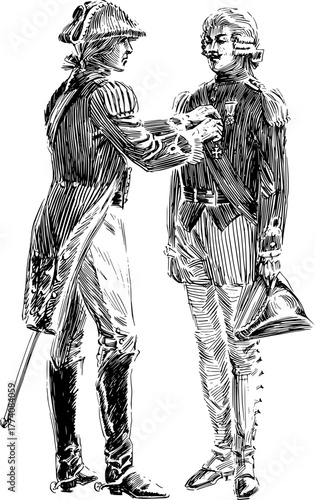 Historical moment of military honor, a soldier awards a medal to another in a vintage style, evoking bravery, tradition, and a sense of timeless duty