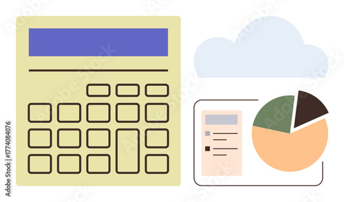 Calculator beside cloud and dashboard with pie chart representing digital accounting, data analysis, and finance management. Ideal for productivity, technology, cloud computing, education, business