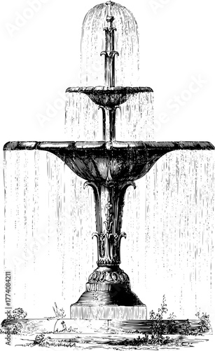 Elegant fountain centerpiece with cascading water, timeless architectural beauty for historical designs and serene landscapes, originally vector graphics