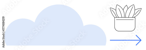 Light blue cloud connected to a potted plant via an arrow highlights growth, eco-focus, technology, and progress. Ideal for cloud computing, innovation, sustainability, growth, ecosystem futuristic