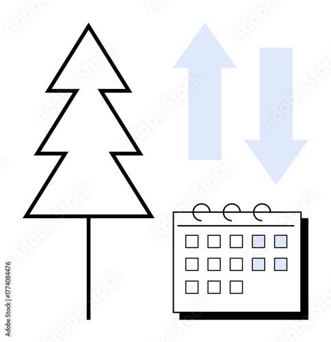 Simplistic tree outline, calendar with marked dates, and opposing arrows. Ideal for seasonal shifts, planning, trends, environment, sustainability growth or change management. A simple flat