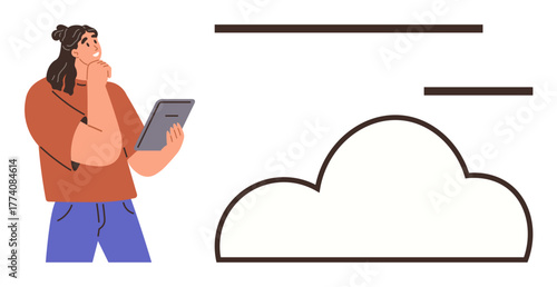 Young woman holding tablet, thinking near abstract cloud and lines. Ideal for technology, cloud computing, decision making, innovation, data analysis, brainstorming and digital concepts. Simple flat