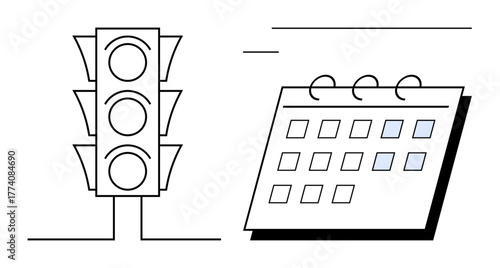 Traffic light with three circles and a spiral-bound calendar highlight time management, scheduling, deadlines, decision-making, planning, productivity, and prioritization as a simple flat metaphor